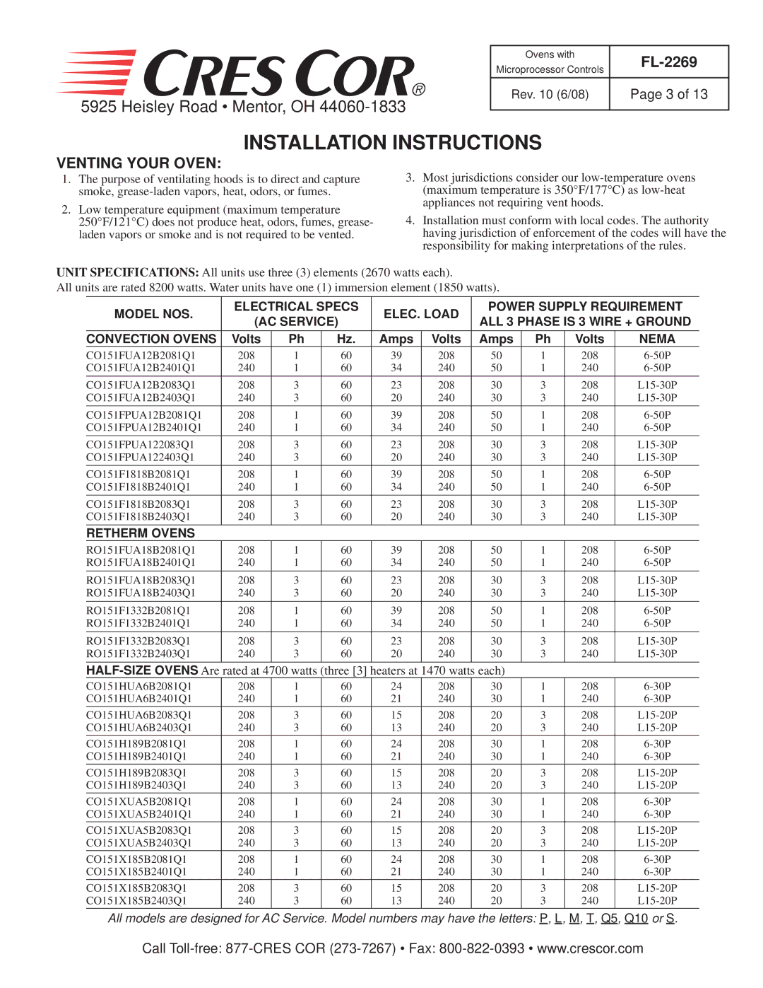 Cres Cor RO151F1332B-Q1, RO151FUA18B-Q1, CO151FUA12B-Q1, CO151FPUA12B-Q1 manual Installation Instructions, Venting Your Oven 