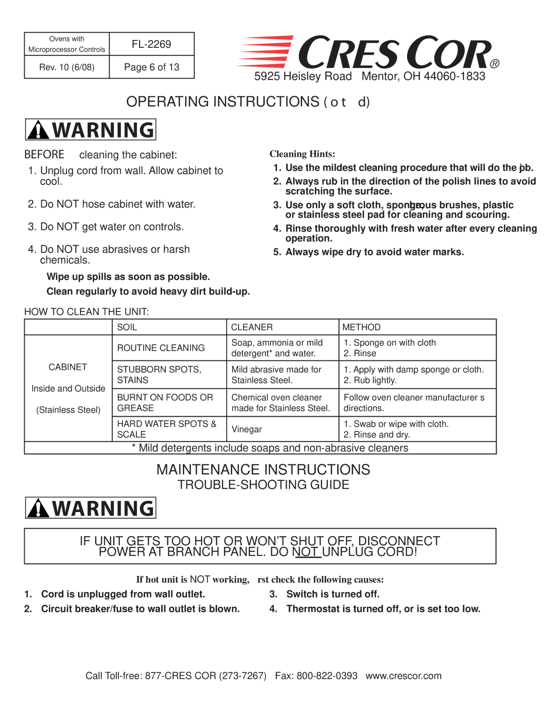 Cres Cor RO151FUA18B-Q1, CO151FUA12B-Q1, CO151FPUA12B-Q1 Maintenance Instructions, HOW to Clean the Unit, Cleaning Hints 