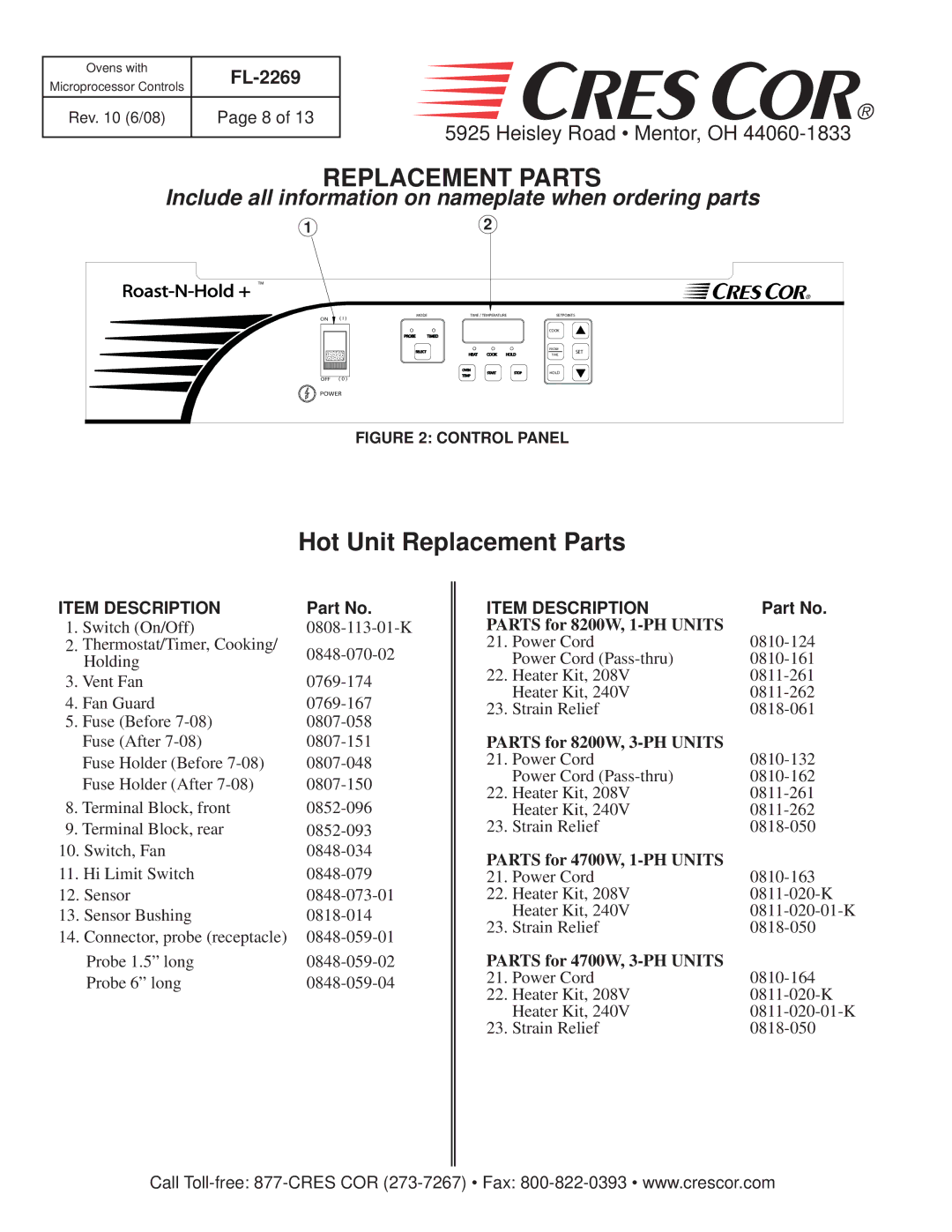 Cres Cor CO151FPUA12B-Q1, RO151FUA18B-Q1, CO151FUA12B-Q1, RO151F1332B-Q1 Hot Unit Replacement Parts, Item Description 