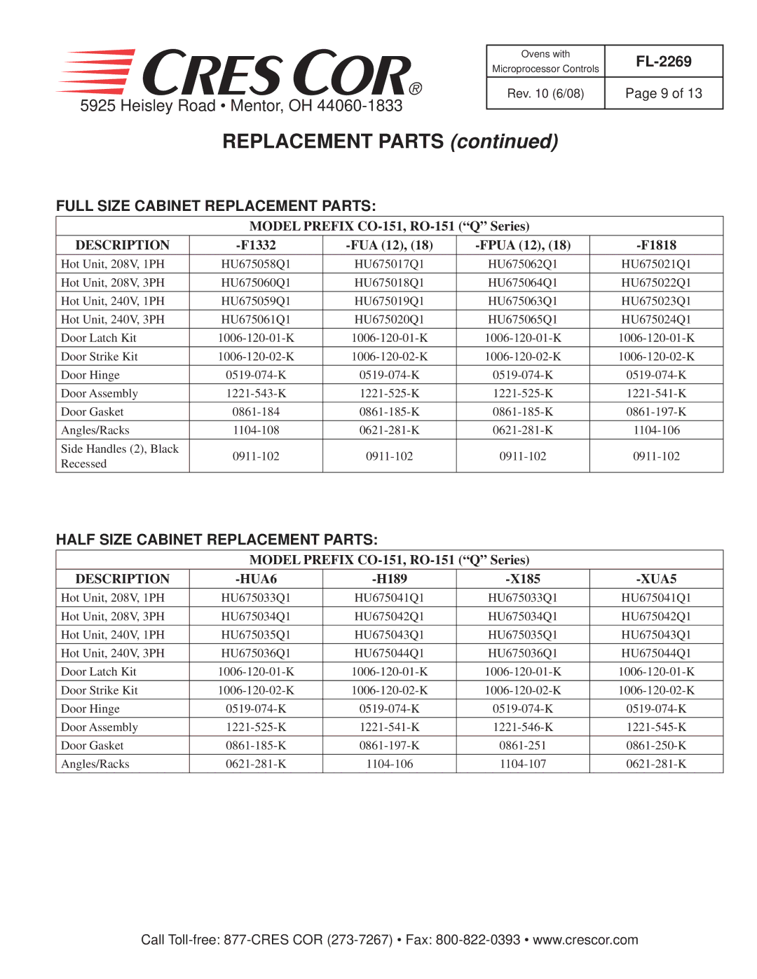 Cres Cor RO151F1332B-Q1, RO151FUA18B-Q1 manual Full Size Cabinet Replacement Parts, Half Size Cabinet Replacement Parts 