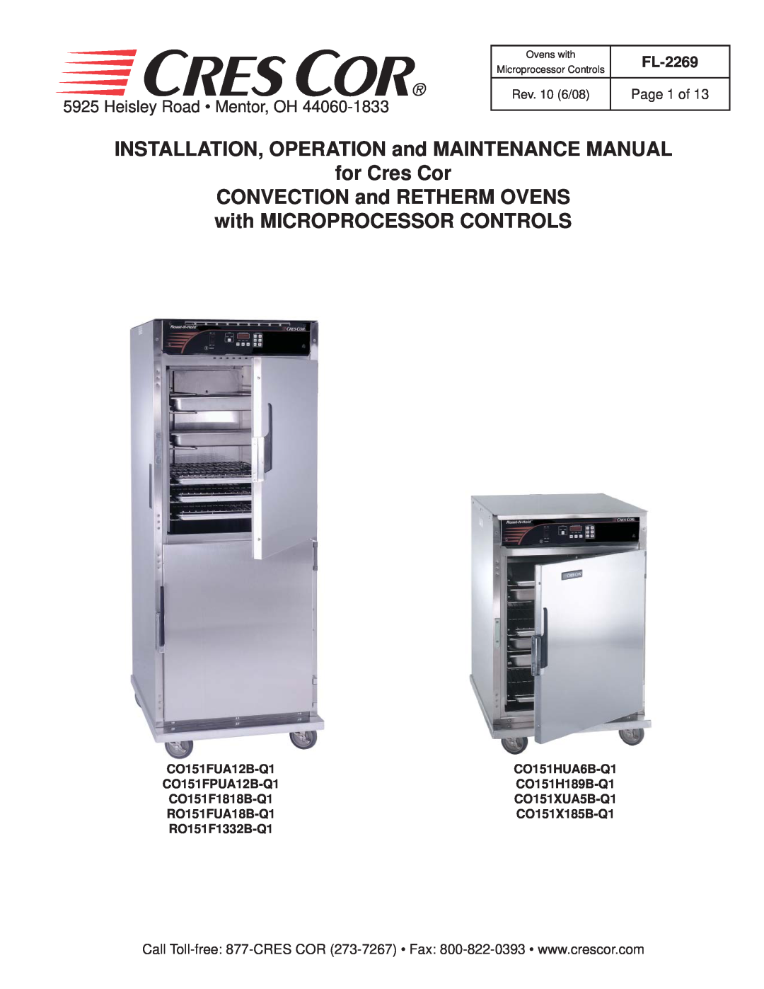 Cres Cor CO151FUA12B-Q1 manual INSTALLATION, OPERATION and MAINTENANCE MANUAL for Cres Cor, Heisley Road Mentor, OH 