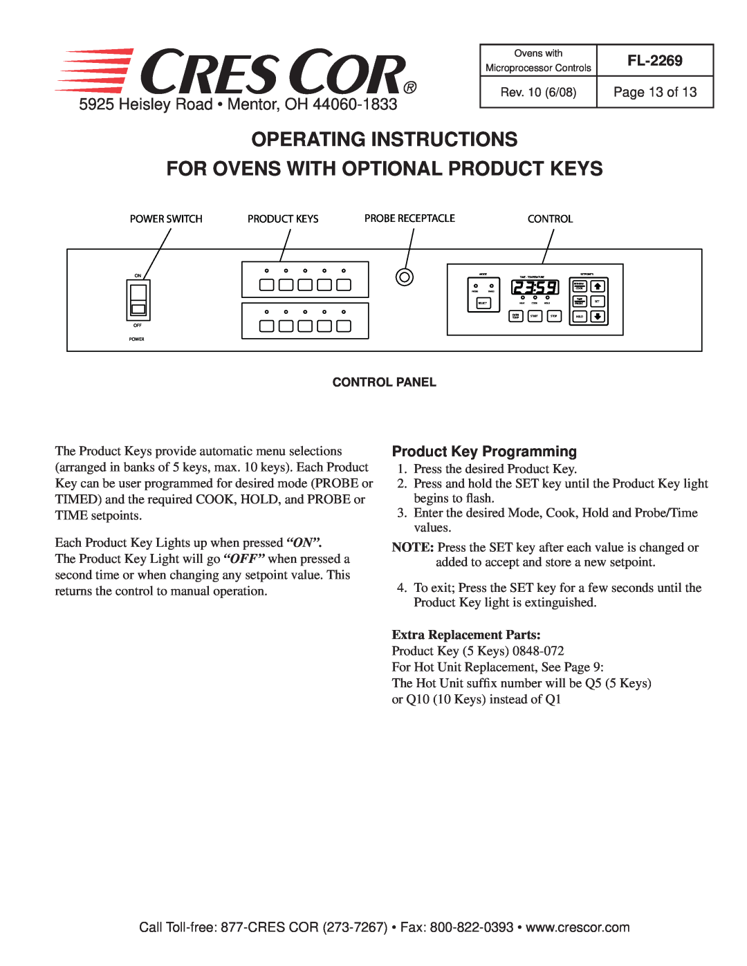 Cres Cor CO151FUA12B-Q1 Operating Instructions For Ovens With Optional Product Keys, Heisley Road Mentor, OH, FL-2269 