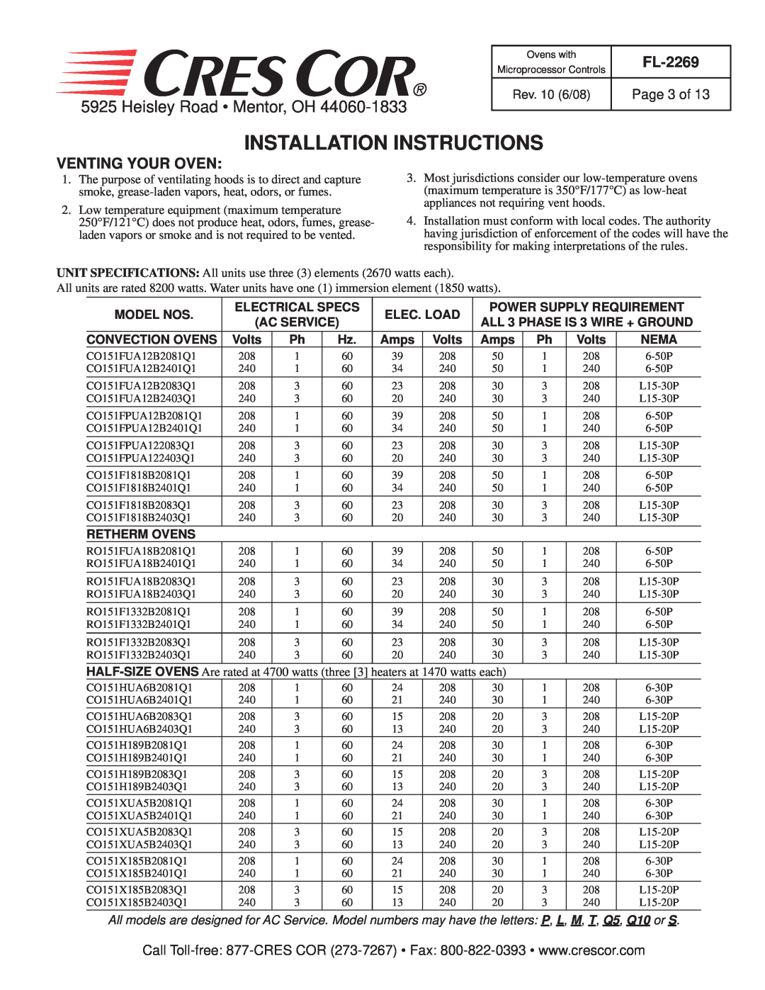 Cres Cor RO151F1332B-Q1 Installation Instructions, Heisley Road Mentor, OH, FL-2269, Venting Your Oven, Page 3 of, Volts 