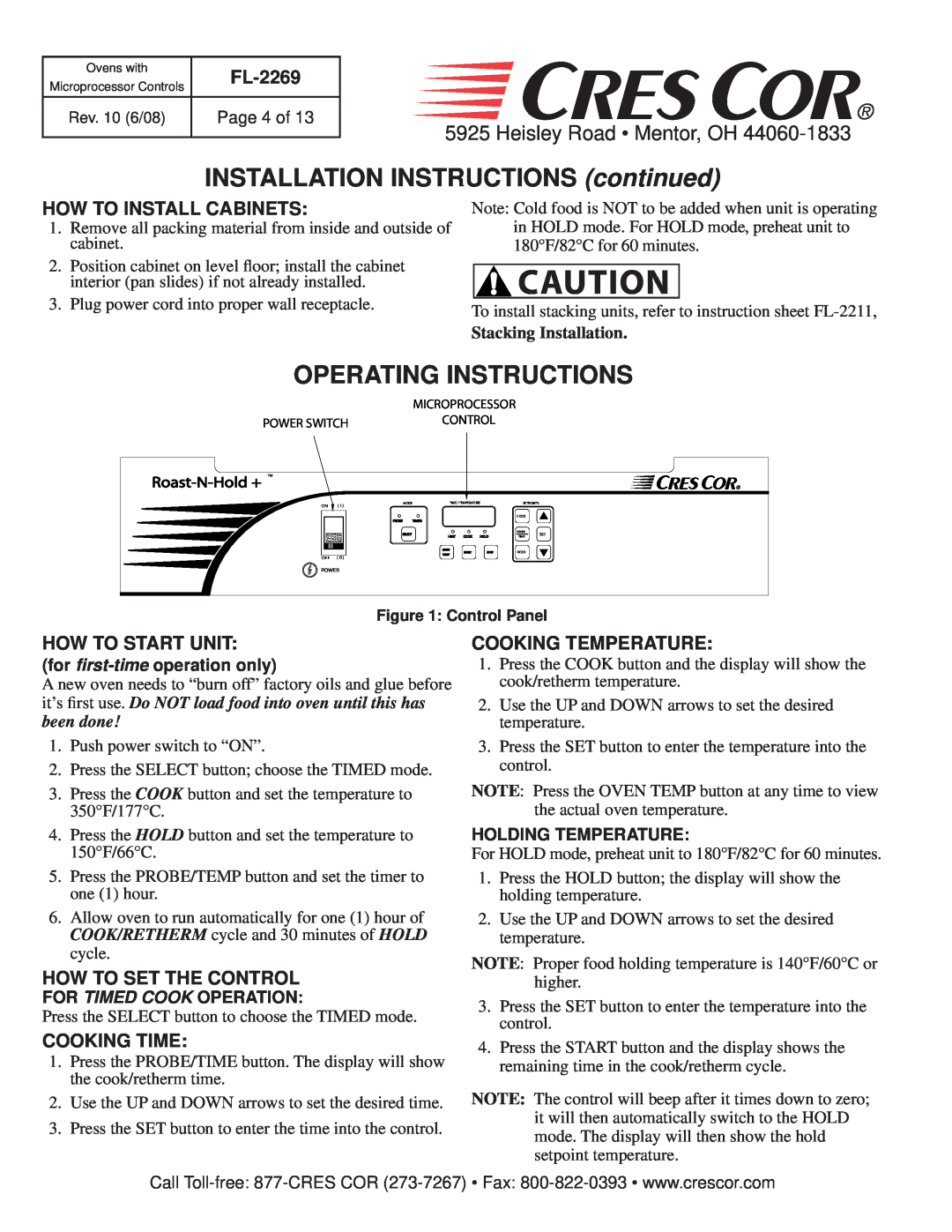 Cres Cor CO151HUA6B-Q1 manual INSTALLATION INSTRUCTIONS continued, Operating Instructions, Heisley Road Mentor, OH, FL-2269 