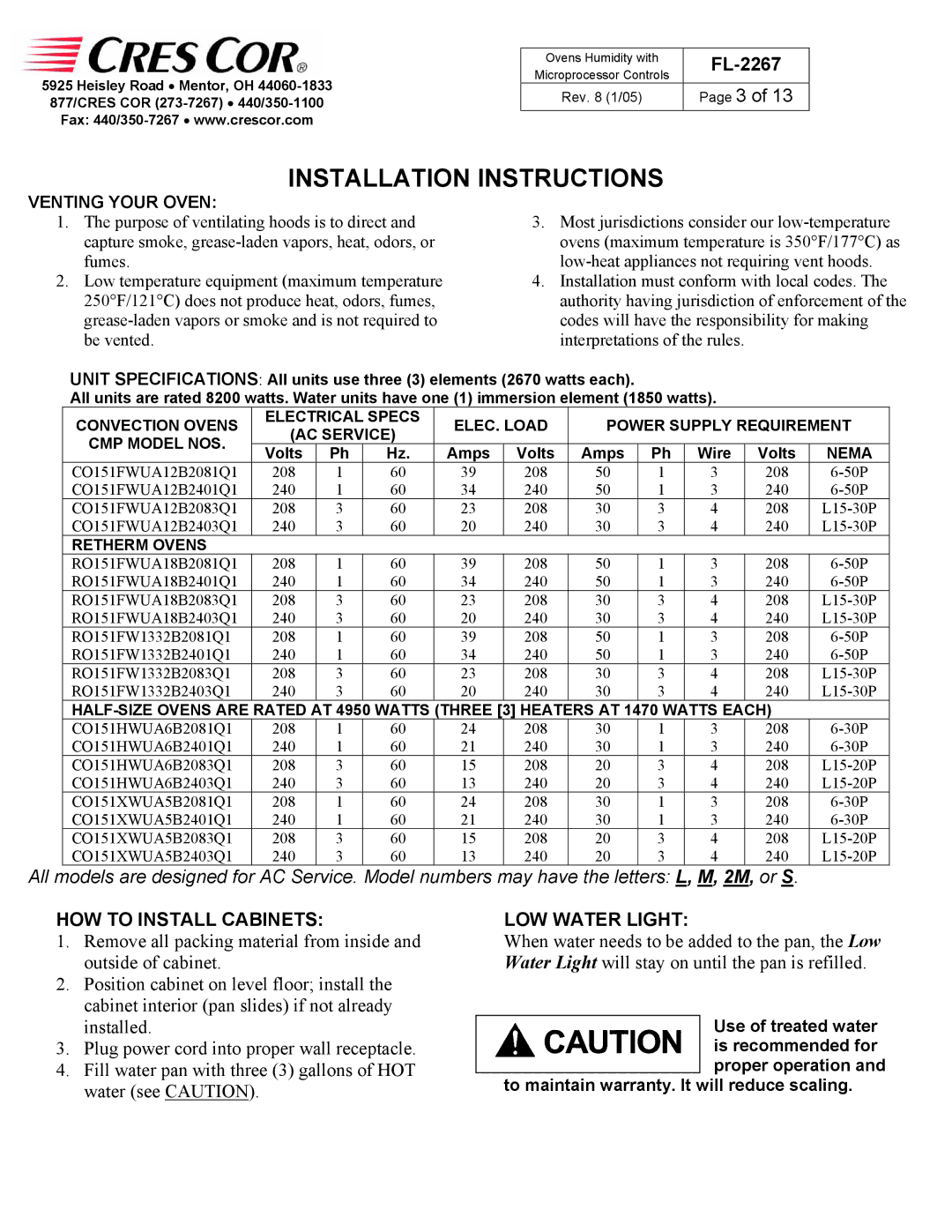 Cres Cor RO151FPWUA18B, RO151FWUA18B, CO151HWUA6B manual Installation Instructions, HOW to Install Cabinets, LOW Water Light 