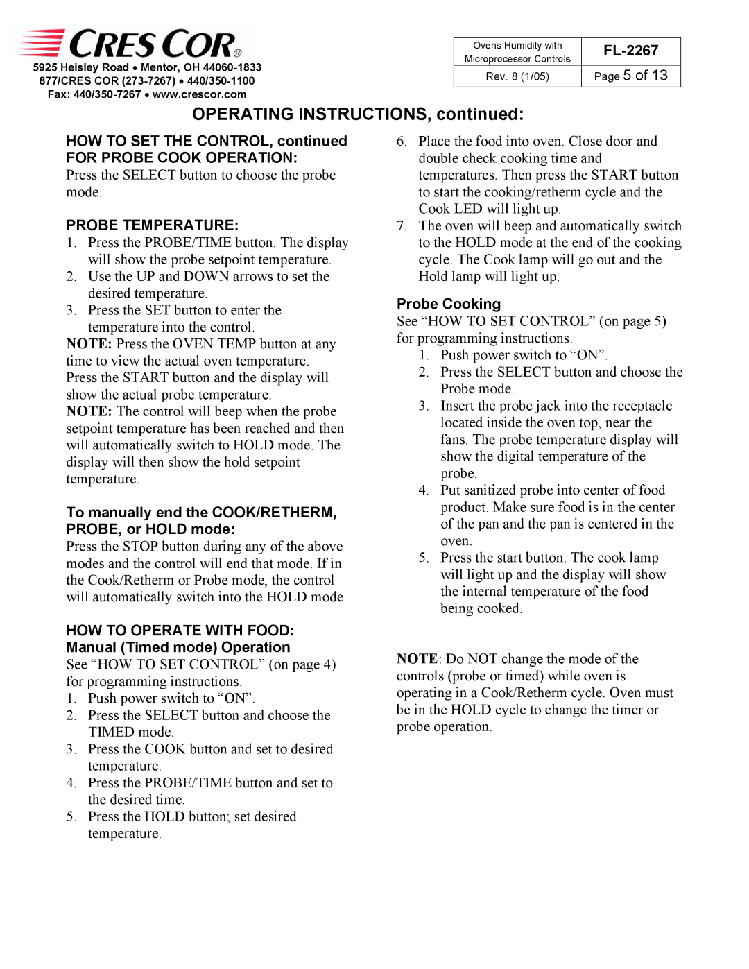 Cres Cor CO151FPWUA12B, RO151FWUA18B, CO151HWUA6B, RO151FW1332B, RO151FPWUA18B manual Operating Instructions, Probe Temperature 