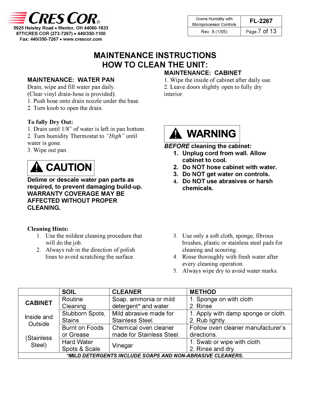 Cres Cor RO151FWUA18B, CO151HWUA6B, CO151HWUA5B Maintenance Instructions HOW to Clean the Unit, Soil Cleaner Method Cabinet 