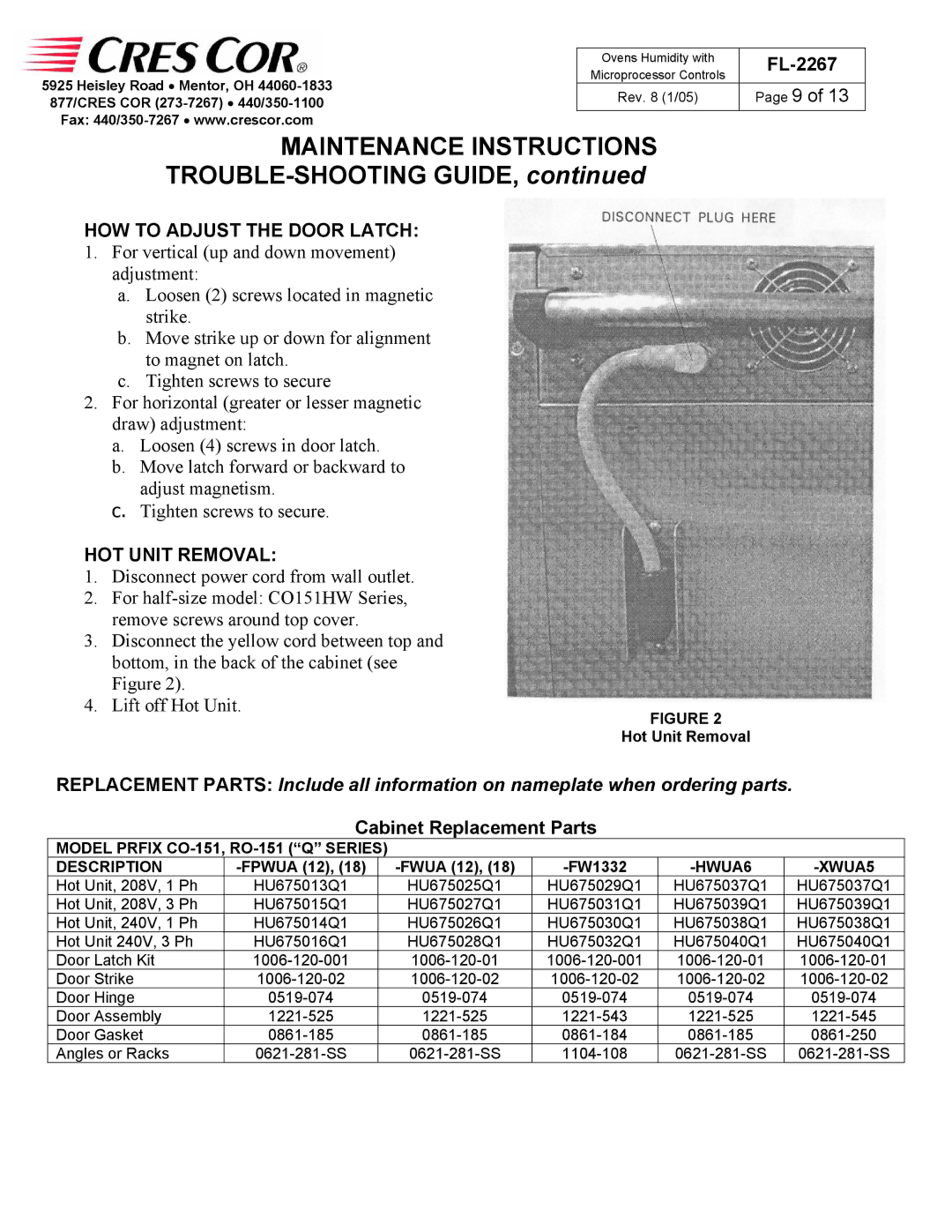 Cres Cor RO151FW1332B Maintenance Instructions, TROUBLE-SHOOTING Guide, HOW to Adjust the Door Latch, HOT Unit Removal 