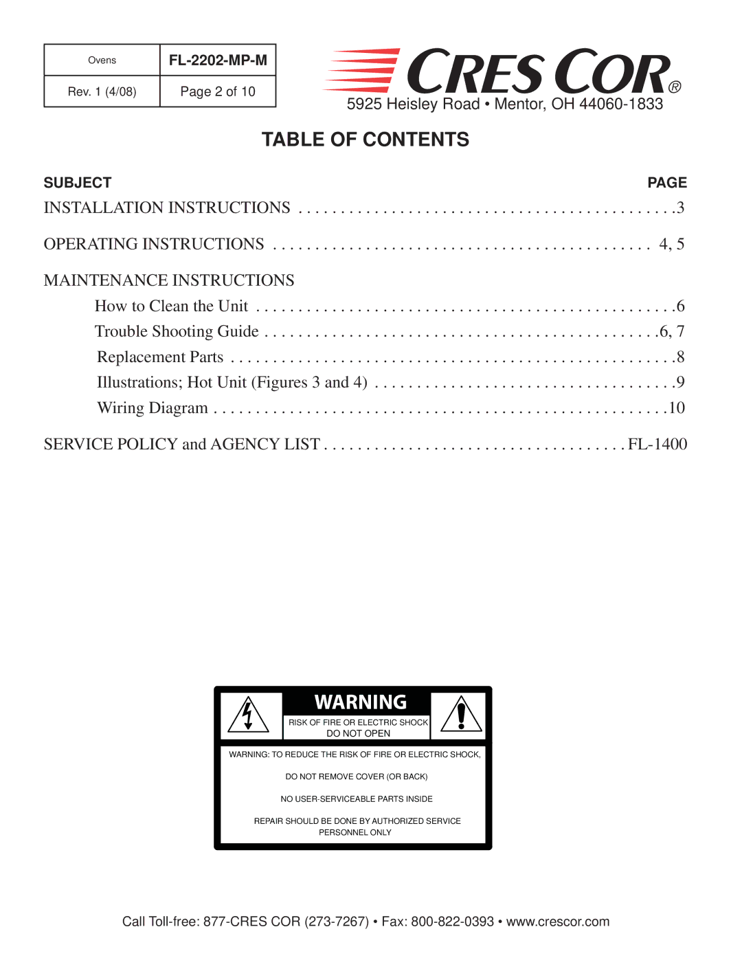 Cres Cor CO151H189, RO151HUA9, CO151HUA6, CO151FUA12, RO151FUA18, CO151F1818 manual Table of Contents 