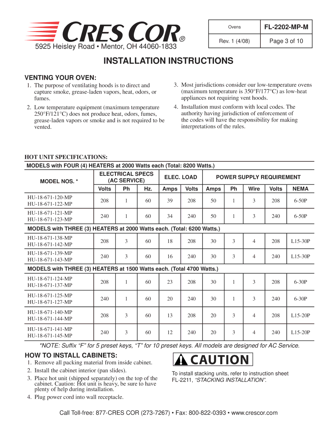 Cres Cor CO151FUA12, RO151HUA9, CO151HUA6 manual Installation Instructions, Venting Your Oven, HOW to Install Cabinets, Nema 