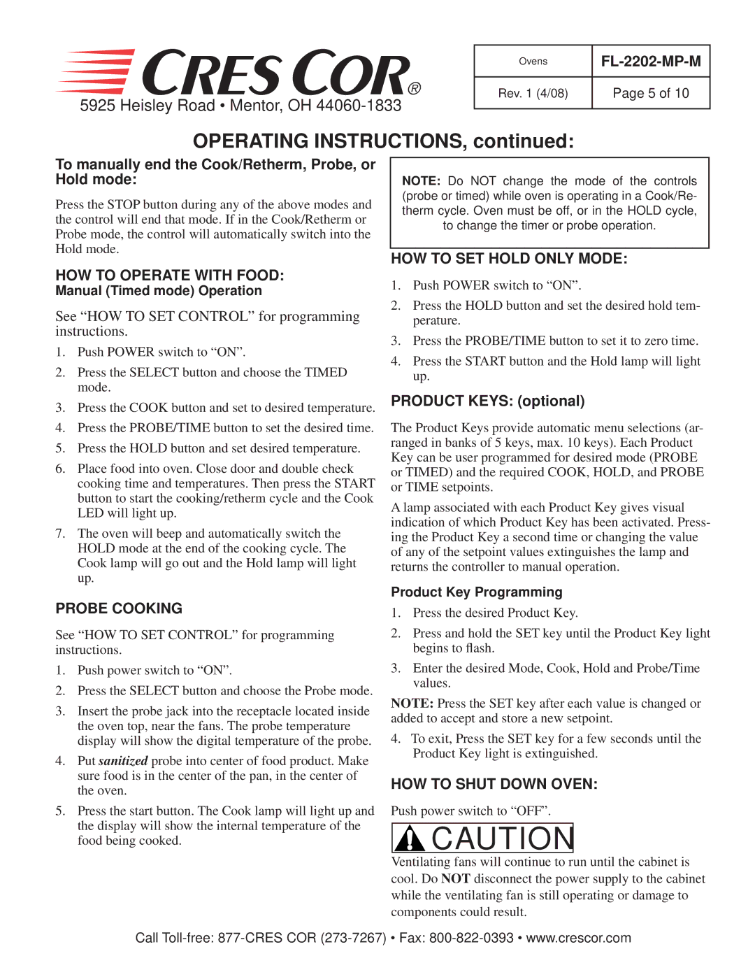 Cres Cor CO151F1818, RO151HUA9 Operating Instructions, HOW to Operate with Food, HOW to SET Hold only Mode, Probe Cooking 