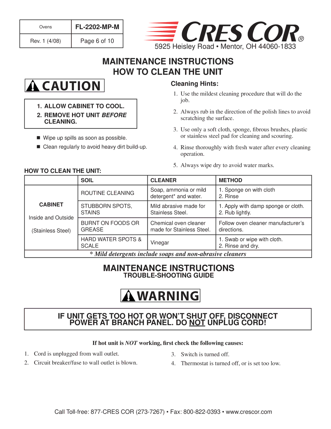 Cres Cor RO151HUA9, CO151HUA6 manual Maintenance Instructions HOW to Clean the Unit, Cleaning Hints, TROUBLE-SHOOTING Guide 