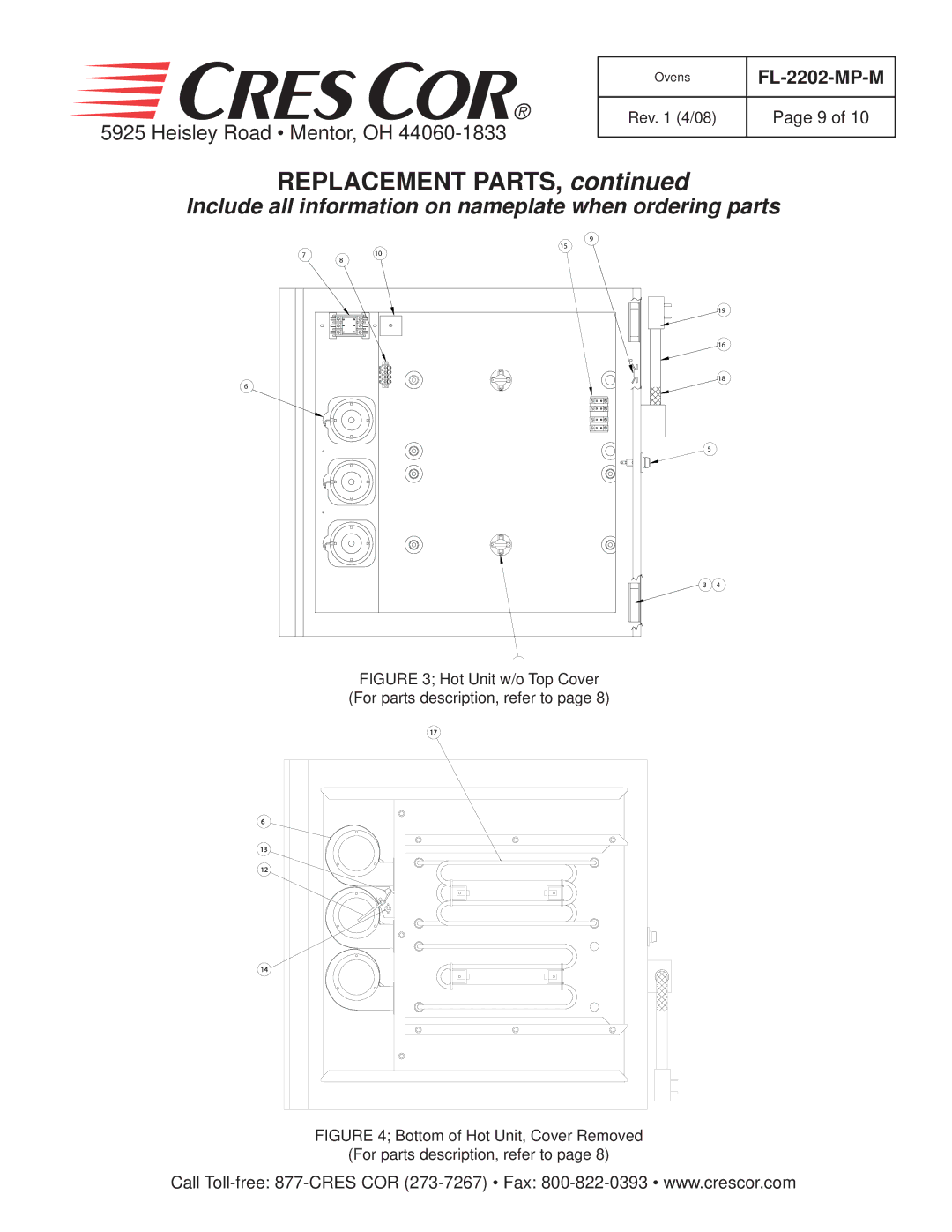 Cres Cor CO151FUA12, RO151HUA9, CO151HUA6 manual Replacement Parts, Include all information on nameplate when ordering parts 