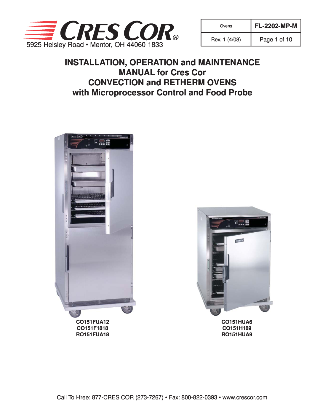 Cres Cor CO151HUA6 manual INSTALLATION, OPERATION and MAINTENANCE MANUAL for Cres Cor, CONVECTION and RETHERM OVENS 
