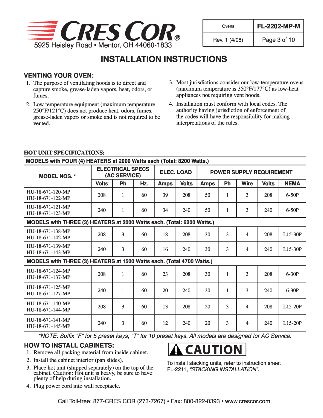 Cres Cor CO151FUA12 manual Installation Instructions, Heisley Road Mentor, OH, FL-2202-MP-M, Venting Your Oven, Page 3 of 