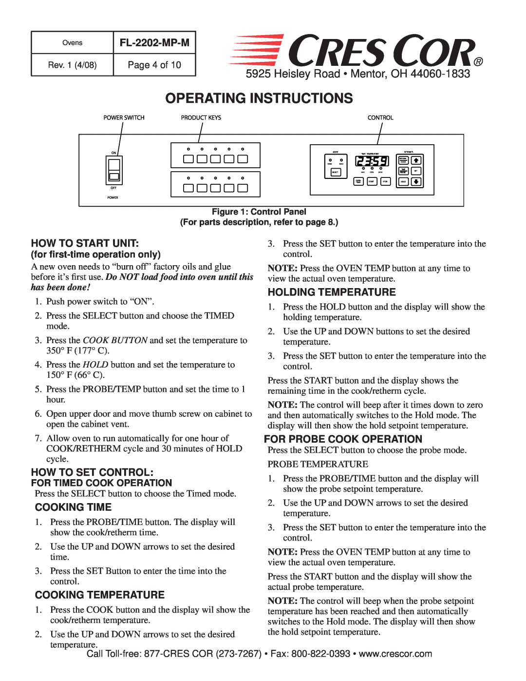 Cres Cor RO151FUA18 Operating Instructions, Heisley Road Mentor, OH, FL-2202-MP-M, How To Start Unit, How To Set Control 
