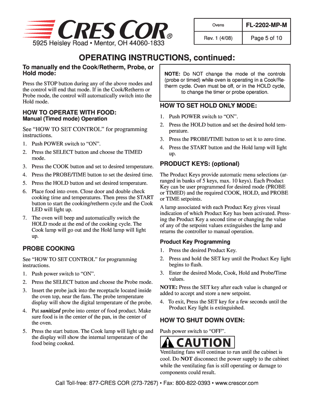 Cres Cor CO151F1818 OPERATING INSTRUCTIONS, continued, Heisley Road Mentor, OH, FL-2202-MP-M, How To Operate With Food 