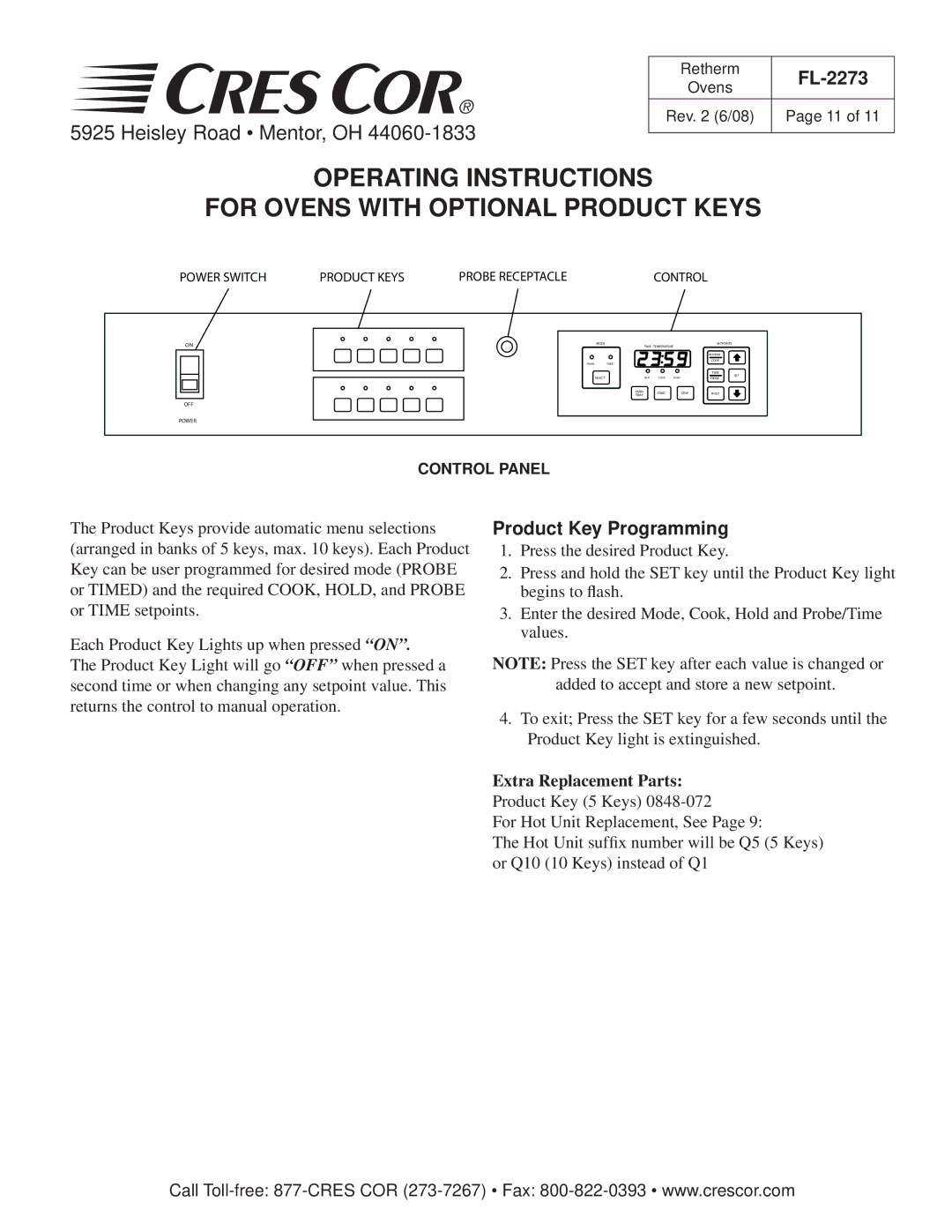 Cres Cor RR-1332 Series Retherm Ovens Operating Instructions For Ovens with Optional Product Keys, Product Key Programming 