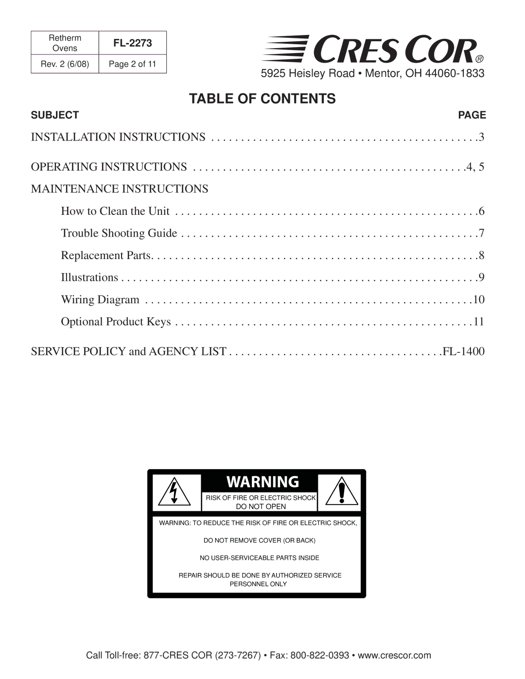 Cres Cor RR-1332 Series Retherm Ovens manual Table of Contents 