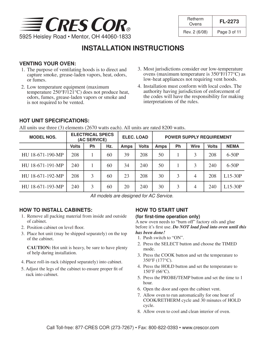 Cres Cor RR-1332 Series Retherm Ovens manual Installation Instructions, Venting Your Oven, HOT Unit Specifications 