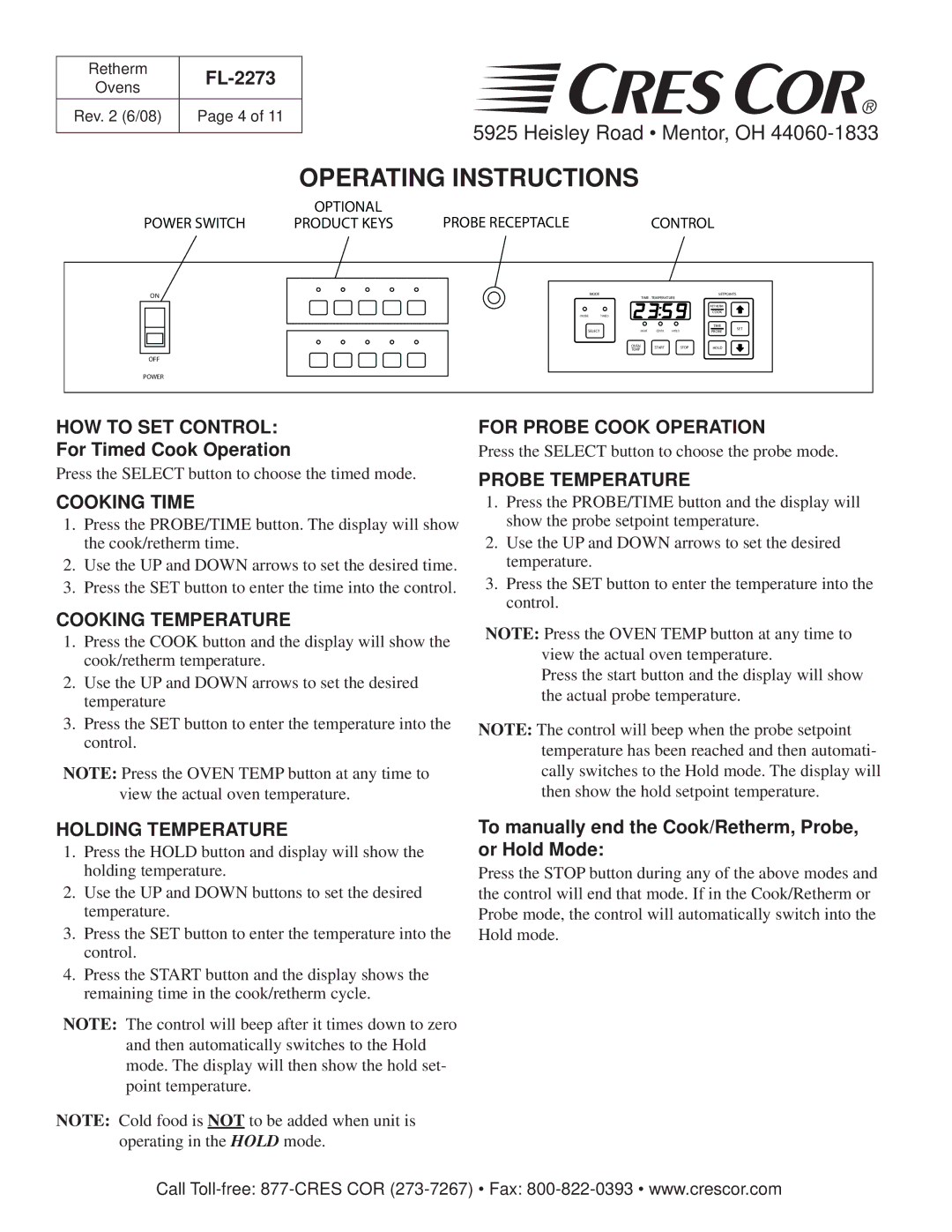 Cres Cor RR-1332 Series Retherm Ovens manual Operating Instructions 