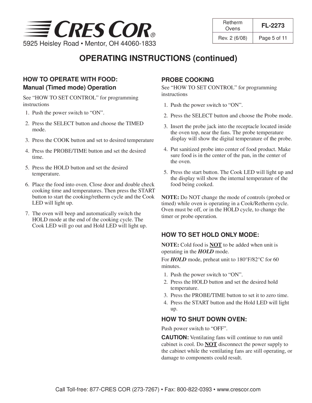 Cres Cor RR-1332 Series Retherm Ovens manual HOW to Operate with Food, Manual Timed mode Operation, Probe Cooking 