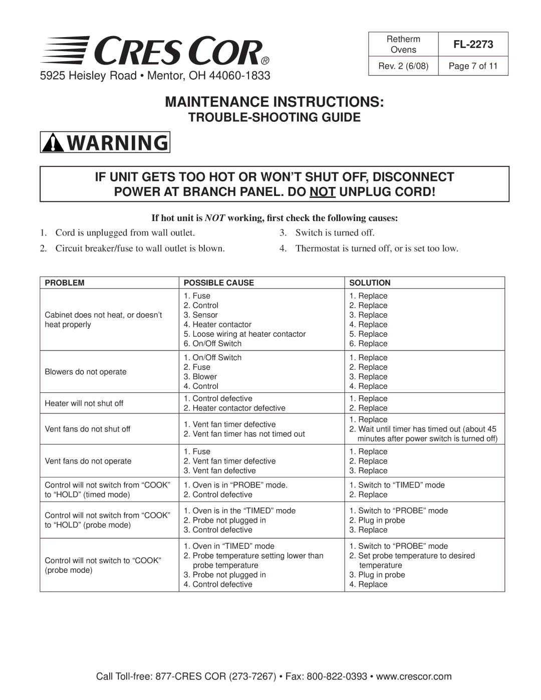 Cres Cor RR-1332 Series Retherm Ovens manual Maintenance Instructions 