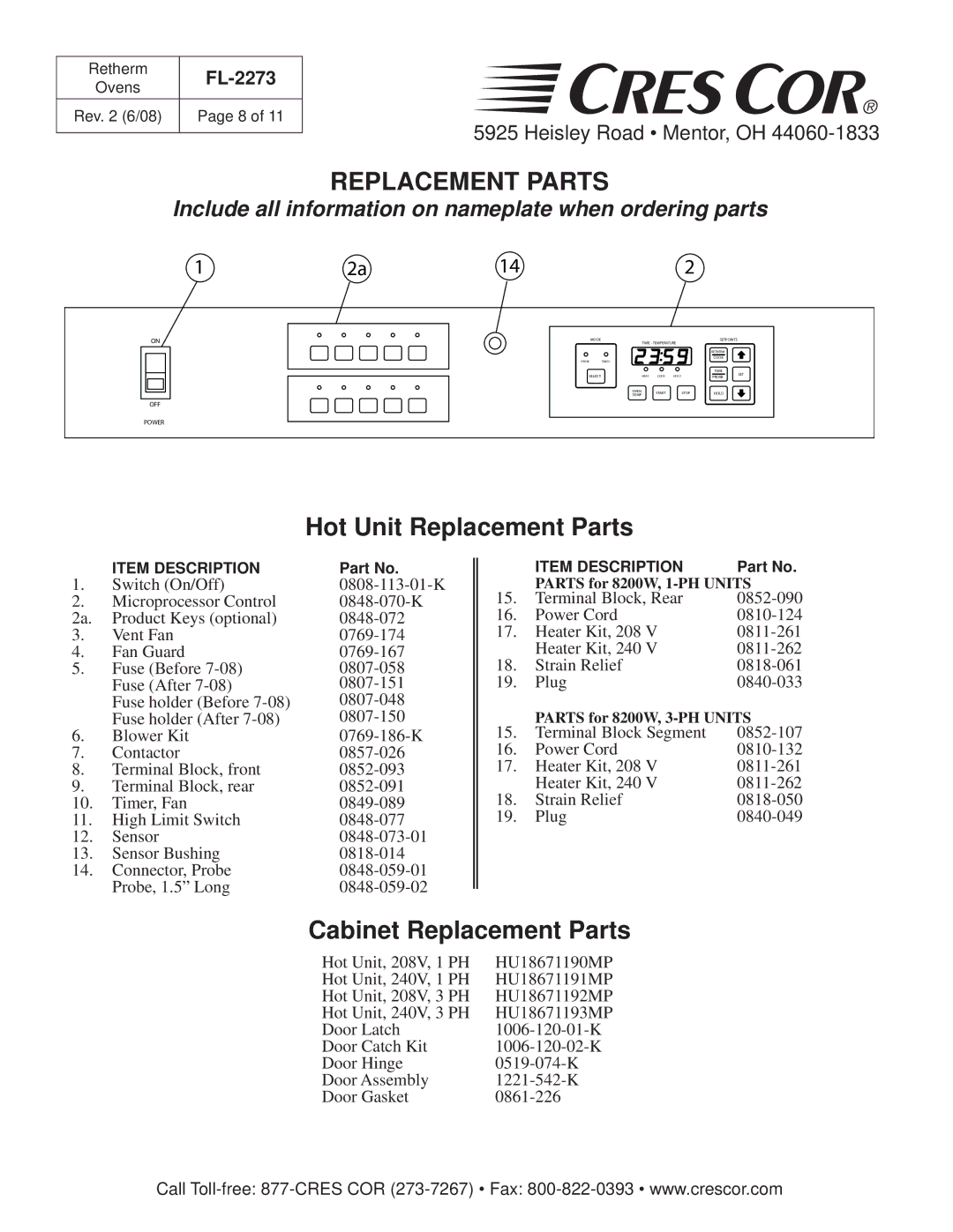 Cres Cor RR-1332 Series Retherm Ovens manual Replacement Parts, Include all information on nameplate when ordering parts 