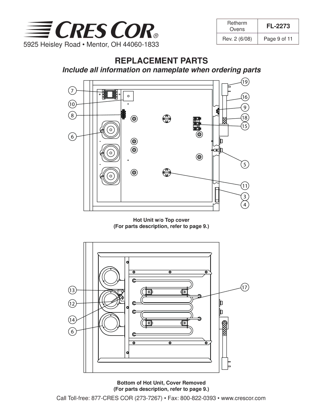 Cres Cor RR-1332 Series Retherm Ovens manual Replacement Parts 