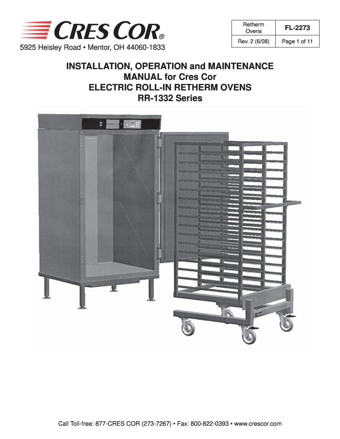 Cres Cor RR-1332 Series Retherm Ovens manual INSTALLATION, OPERATION and MAINTENANCE MANUAL for Cres Cor, FL-2273 