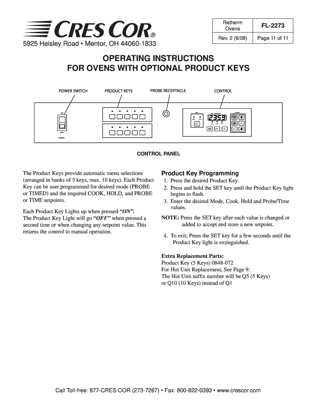 Cres Cor RR-1332 Series Retherm Ovens Operating Instructions For Ovens With Optional Product Keys, Heisley Road Mentor, OH 