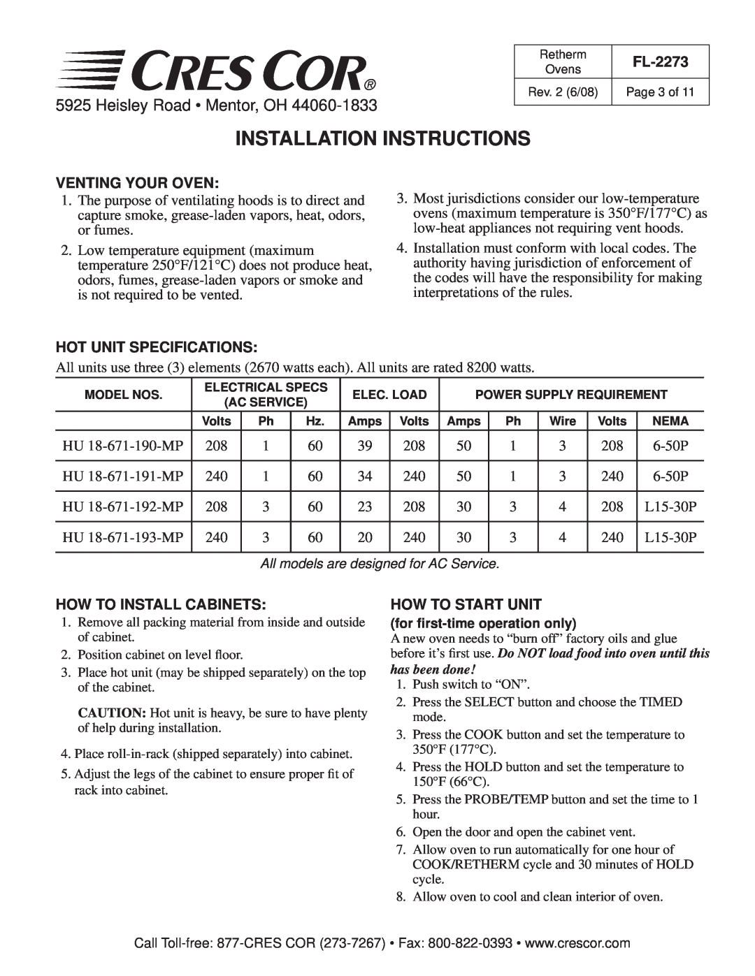 Cres Cor RR-1332 Series Retherm Ovens manual Installation Instructions, Heisley Road Mentor, OH, FL-2273, Venting Your Oven 