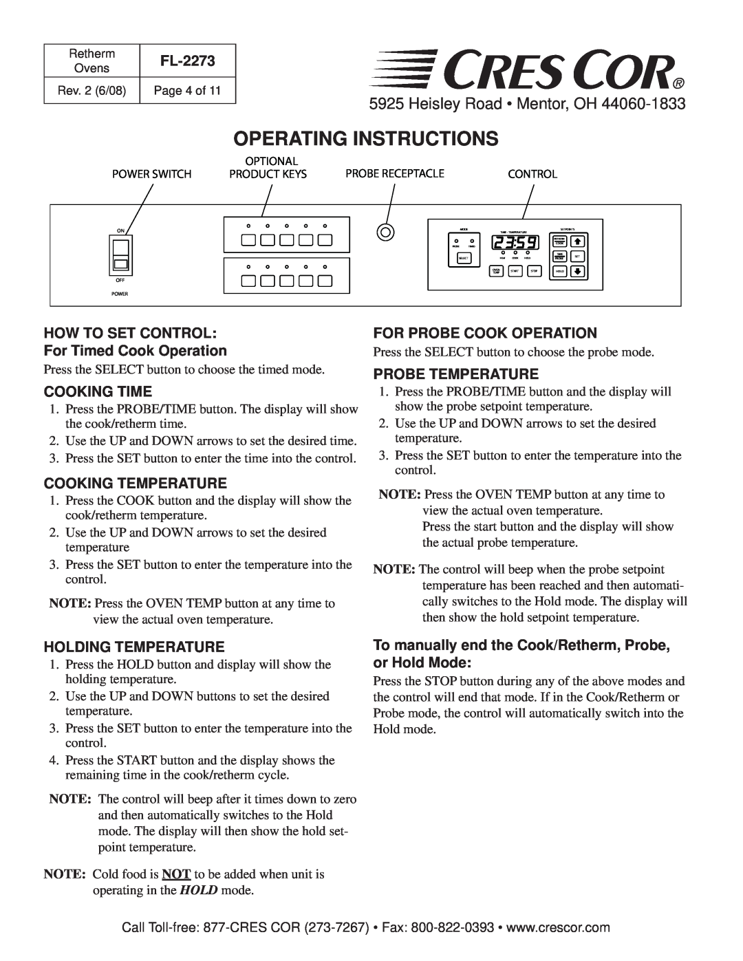 Cres Cor RR-1332 Operating Instructions, Heisley Road Mentor, OH, FL-2273, HOW TO SET CONTROL For Timed Cook Operation 