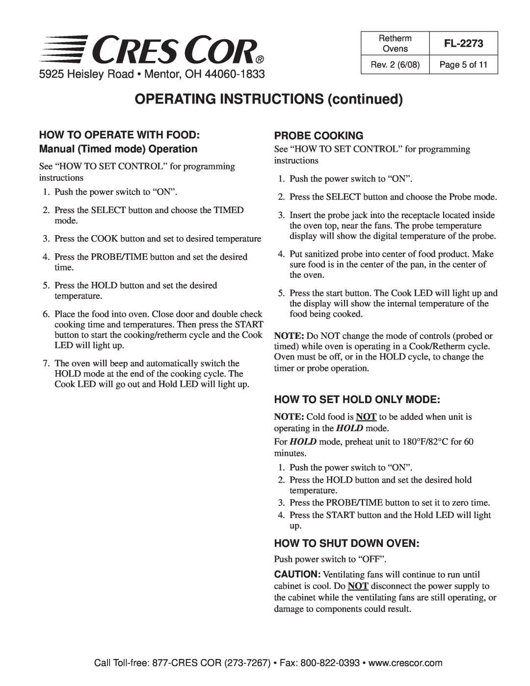 Cres Cor RR-1332 Series Retherm Ovens OPERATING INSTRUCTIONS continued, Heisley Road Mentor, OH, FL-2273, Probe Cooking 