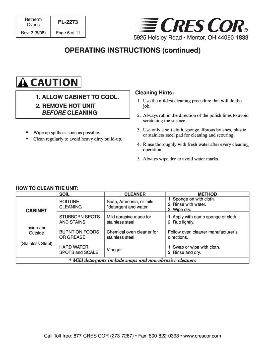 Cres Cor RR-1332 OPERATING INSTRUCTIONS continued, Heisley Road Mentor, OH, Cleaning Hints, FL-2273, How To Clean The Unit 