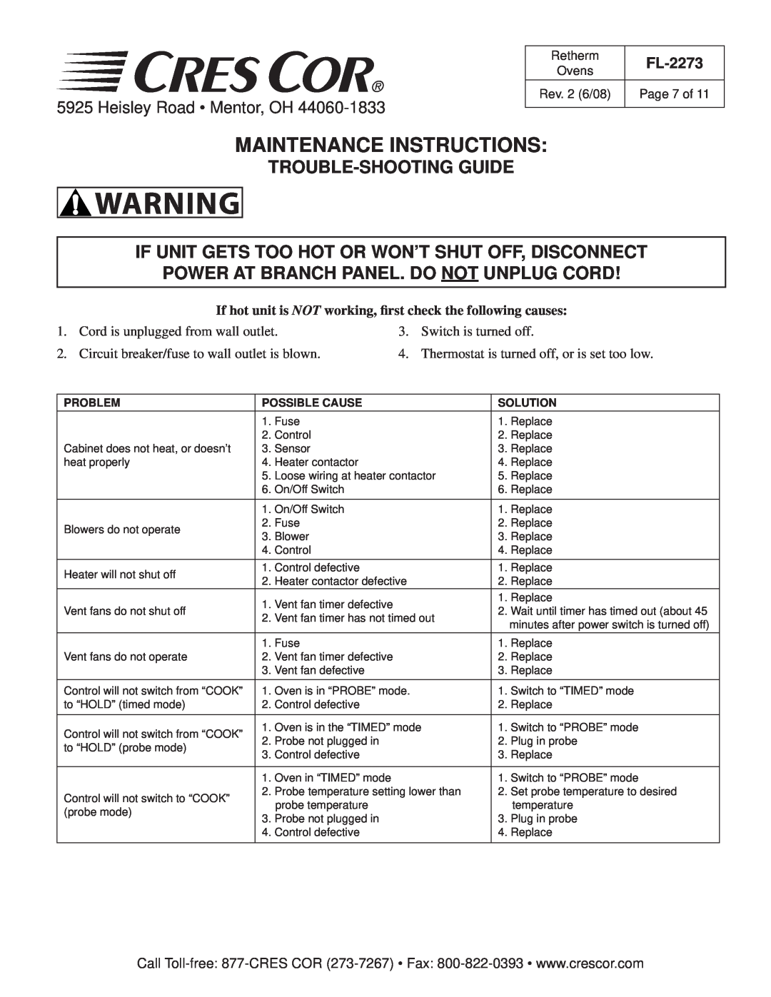 Cres Cor RR-1332 Series Retherm Ovens Maintenance Instructions, Trouble-Shooting Guide, Heisley Road Mentor, OH, FL-2273 