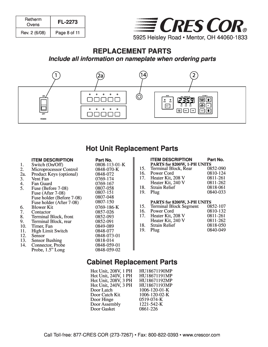 Cres Cor RR-1332 manual Hot Unit Replacement Parts, Cabinet Replacement Parts, Heisley Road Mentor, OH, FL-2273 