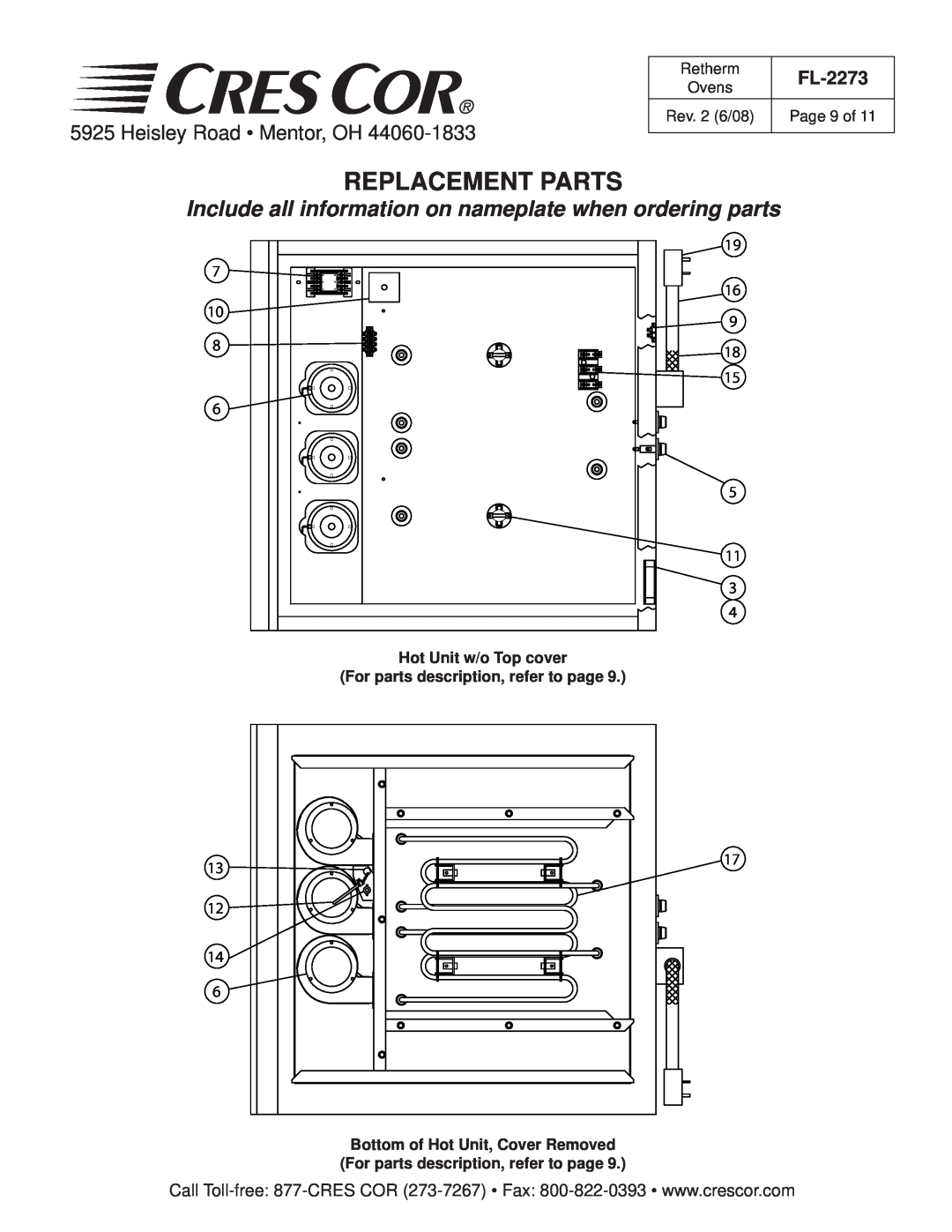 Cres Cor RR-1332 Series Retherm Ovens Replacement Parts, Include all information on nameplate when ordering parts, FL-2273 
