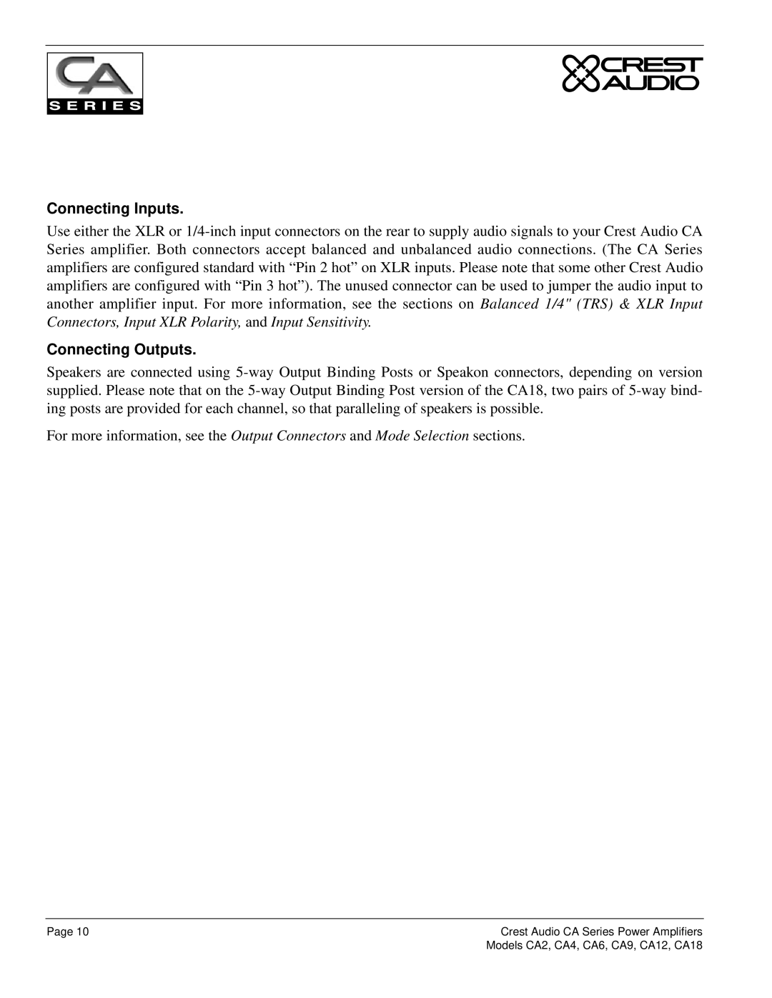 Crest Audio CA12, CA18, CA9, CA6, CA4, CA2, Professional Power Amplifier owner manual Connecting Inputs, Connecting Outputs 