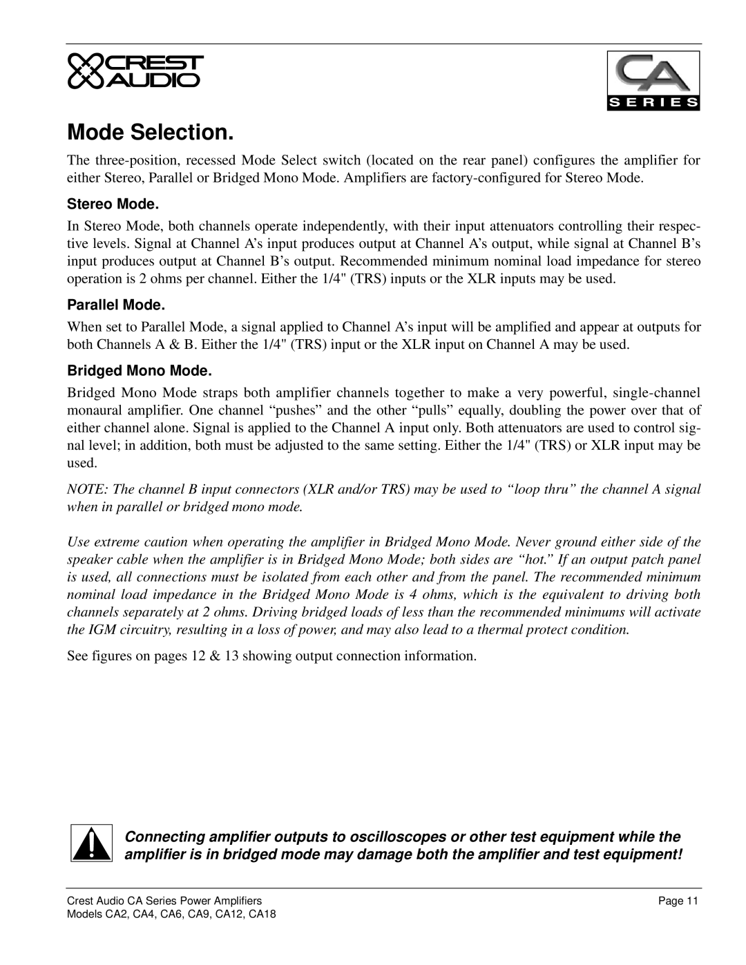 Crest Audio CA4, CA18, CA9, CA6, CA12, CA2 owner manual Mode Selection, Stereo Mode, Parallel Mode, Bridged Mono Mode 