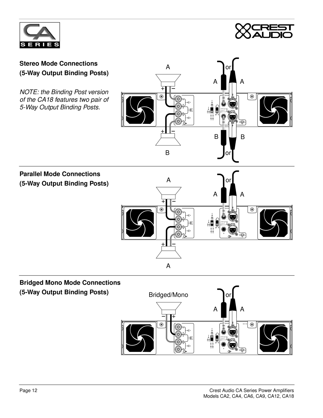 Crest Audio CA2, CA18, CA9, CA6, CA12, CA4, Professional Power Amplifier Stereo Mode Connections Way Output Binding Posts 