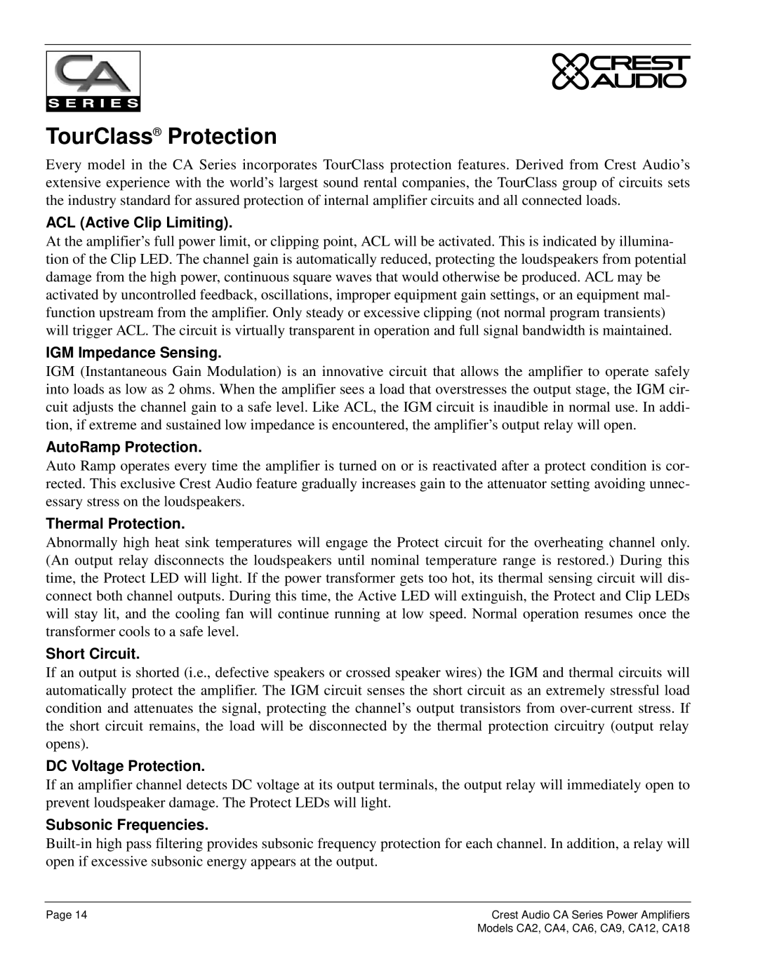 Crest Audio CA18, CA9, CA6, CA12, CA4, CA2, Professional Power Amplifier owner manual TourClass Protection 