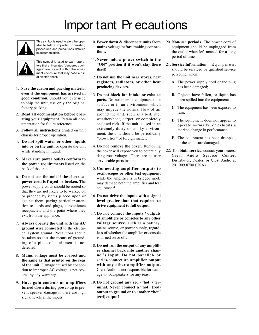 Crest Audio CA6, CA18, CA9, CA12, CA4, CA2, Professional Power Amplifier owner manual Important Precautions 