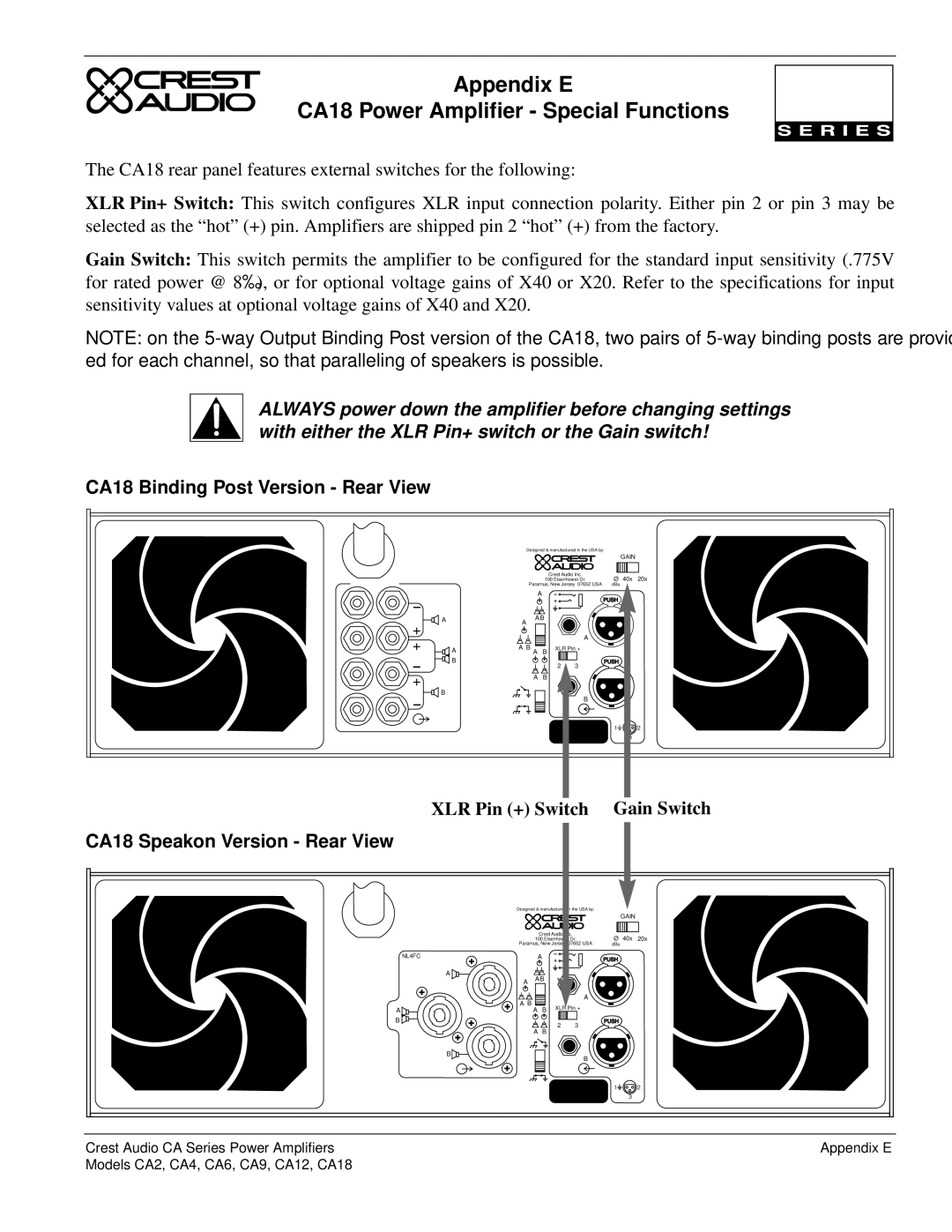 Crest Audio CA6, CA9, CA12, CA4, CA2 Appendix E CA18 Power Amplifier Special Functions, CA18 Binding Post Version Rear View 