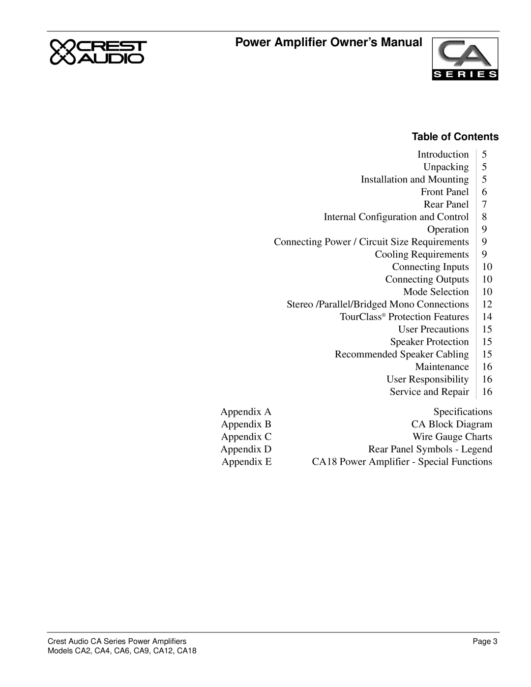 Crest Audio CA12, CA18, CA9, CA6, CA4, CA2, Professional Power Amplifier owner manual Table of Contents 