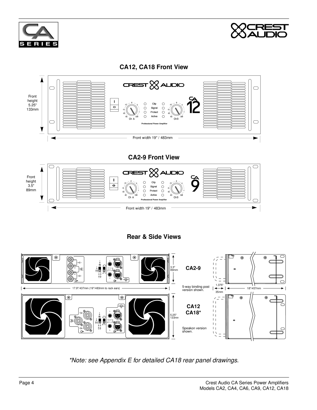 Crest Audio CA4, CA9, CA6, Professional Power Amplifier CA12, CA18 Front View, CA2-9 Front View, Rear & Side Views 