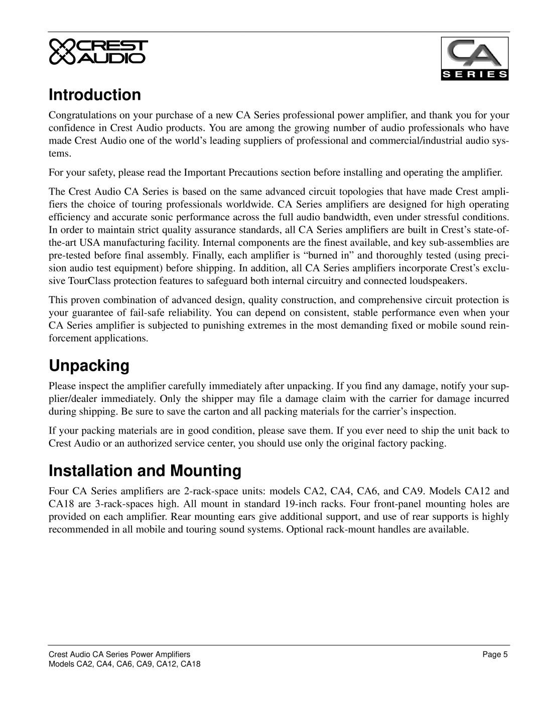 Crest Audio CA2, CA18, CA9, CA6, CA12, CA4, Professional Power Amplifier Introduction, Unpacking, Installation and Mounting 