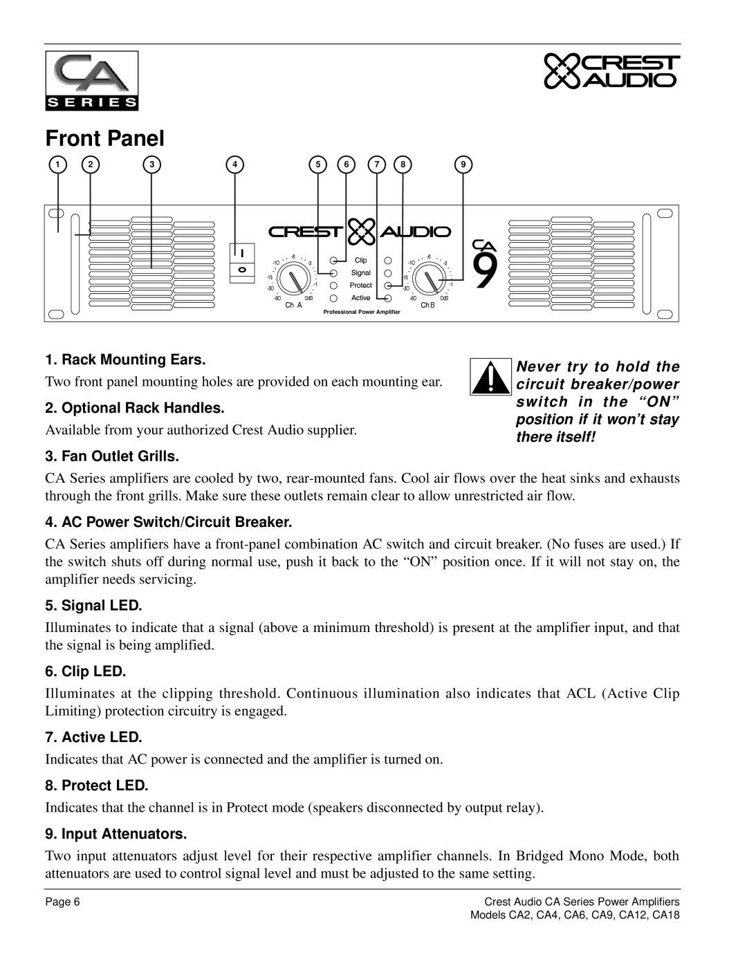 Crest Audio Professional Power Amplifier, CA18, CA9, CA6, CA12, CA4, CA2 owner manual Front Panel 