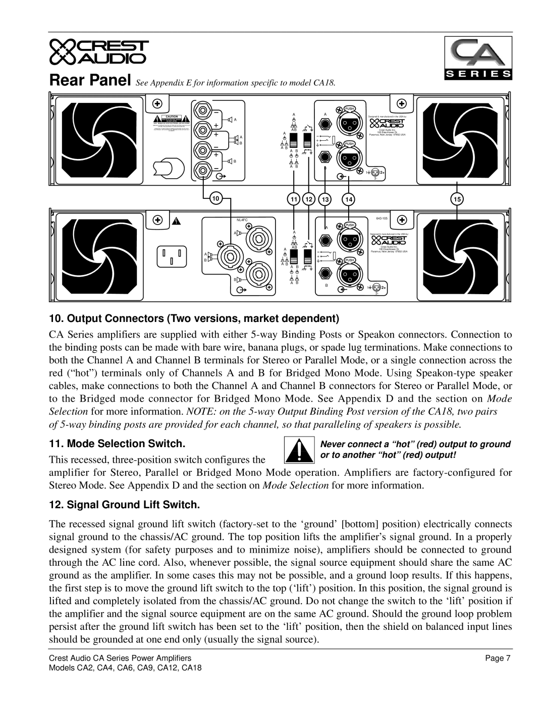 Crest Audio CA18, CA9 Output Connectors Two versions, market dependent, Mode Selection Switch, Signal Ground Lift Switch 