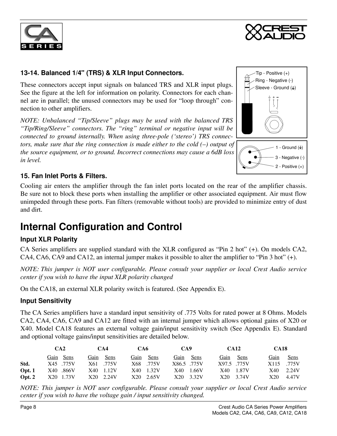 Crest Audio CA9 Internal Configuration and Control, Balanced 1/4 TRS & XLR Input Connectors, Fan Inlet Ports & Filters 